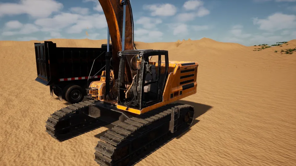 An excavator beside a dump truck