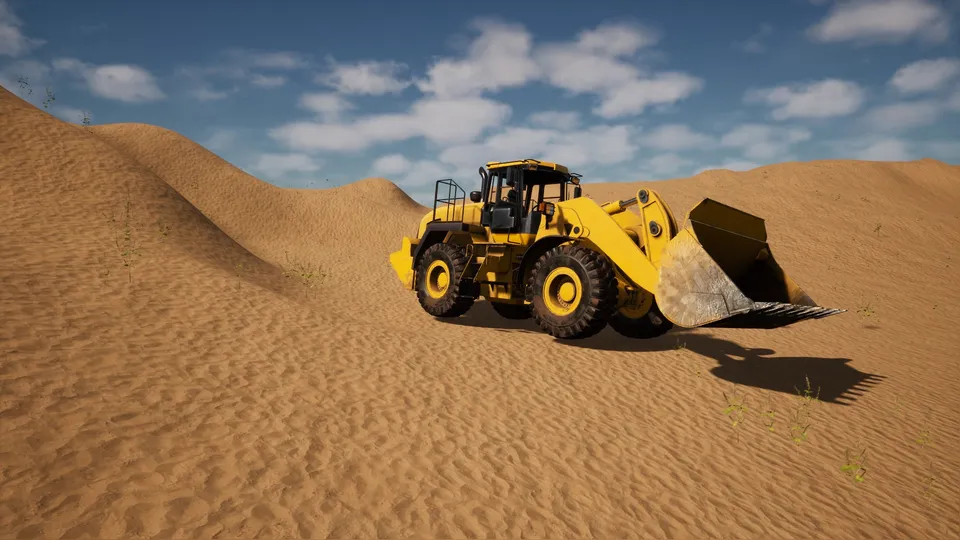 A yellow wheel loader on the dunes
