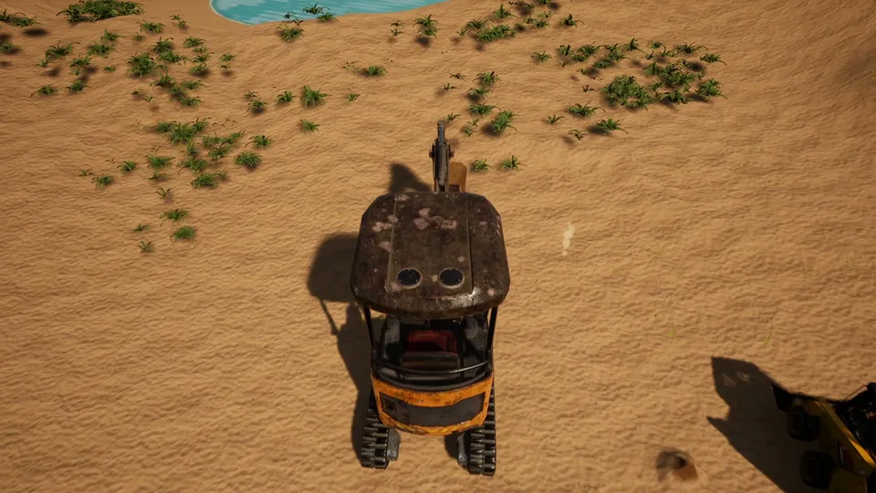 A mini excavator near a pond